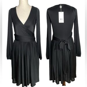 NWT Halston Heritage Faux Wrap Long Sleeve Jersey Dress Black XXSmall